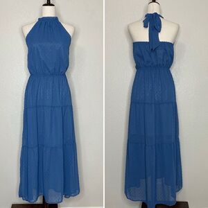 NWT Pretty Garden Blue Halter Tiered Maxi Dress